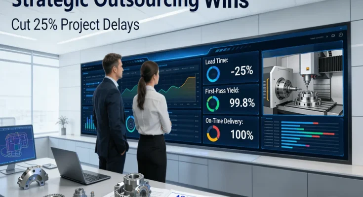 A project leader and supply chain manager in a modern operations center analyze a dashboard showing 25% lead time reduction and 99.8% first-pass yield, with a live CNC machine feed and quality certifications, visualizing the power of strategic outsourcing.