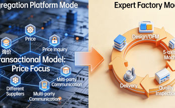 Diagram comparing the fragmented Aggregator Platform model versus the integrated Expert Factory model for 5-axis CNC machining, highlighting the journey from transactional price focus to a solutions-based TCO (Total Cost of Ownership) focus.