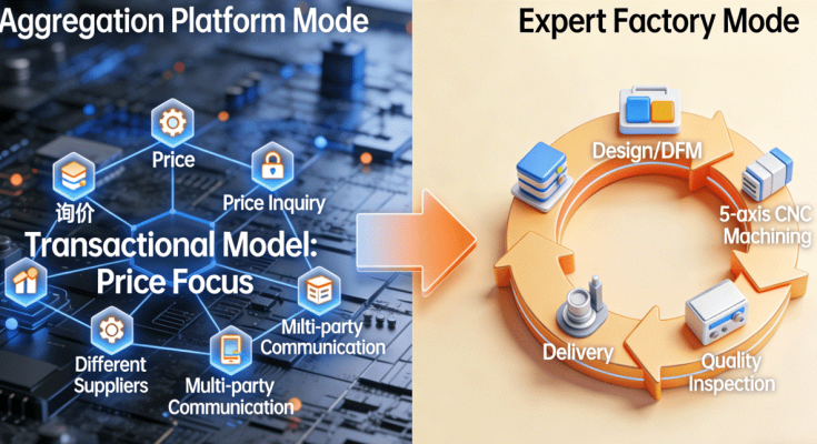 Diagram comparing the fragmented Aggregator Platform model versus the integrated Expert Factory model for 5-axis CNC machining, highlighting the journey from transactional price focus to a solutions-based TCO (Total Cost of Ownership) focus.